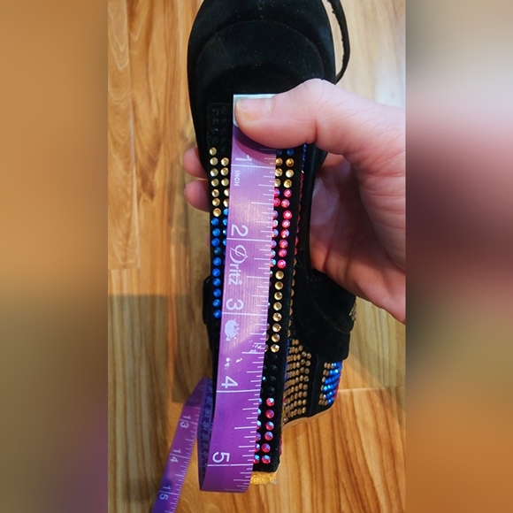 Size 6.5 black Velvet with gems 5 1/2" heel and 1" platform with ankle straps - Picture 3 of 9